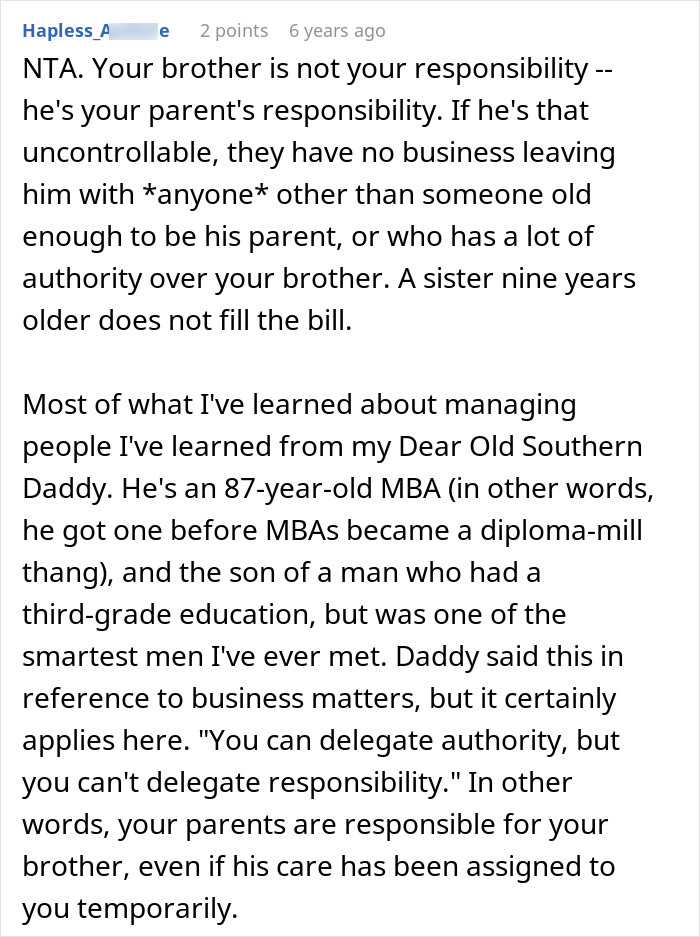Screenshot of a user comment explaining a woman&rsquo;s struggles with her teen brother and parental responsibility.