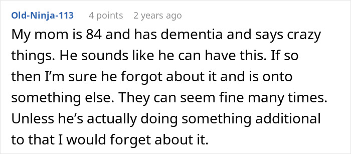 Text post discussing dementia symptoms and its impact on memory and behavior, relating to elderly neighbors and accusations.