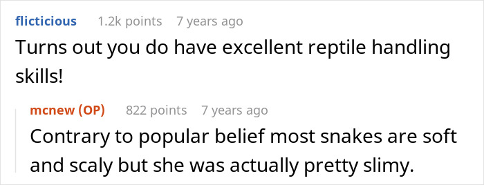 Online conversation discussing reptile handling skills, with one user correcting a misconception about snakes being slimy.