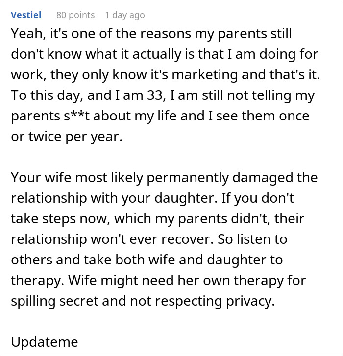 Comment discussing telling wife why daughter doesn't trust, highlighting damaged relationships and the need for therapy steps.