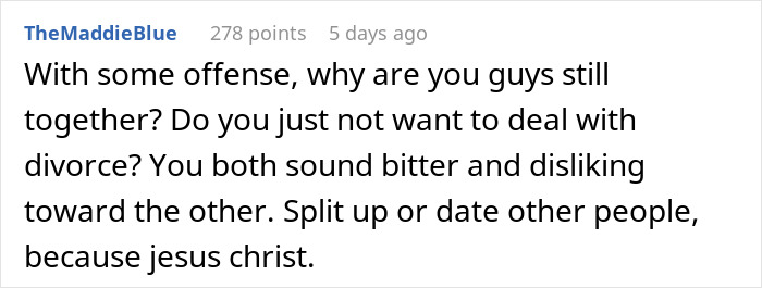 Screenshot of a discussion where a man refuses to check the restaurant menu and the wife decides not to eat out.