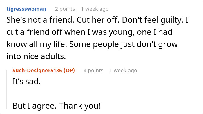 Screenshot of an online conversation discussing ending a 15-year friendship after a purse fiasco.