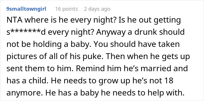 Reddit comment discussing a mom banning husband from nursery due to his drinking and neglecting childcare responsibilities. Reddit comment discussing a mom banning husband from nursery due to his drinking and neglecting childcare responsibilities.