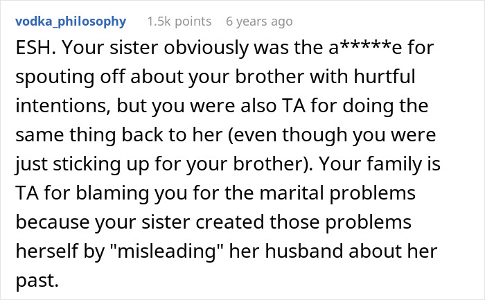 Text post discussing eldest sister’s promiscuous past revealed after mocking youngest brother for being a virgin. Text post discussing eldest sister’s promiscuous past revealed after mocking youngest brother for being a virgin.