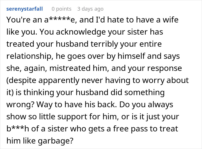 Screenshot of a Reddit comment criticizing a woman forbidding her brother-in-law from talking to her despite seeing her nephew less.