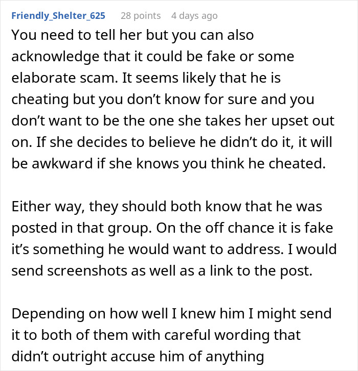 Comment discussing a potential cheating situation involving friends and a husband dating the same guy with careful wording advice.