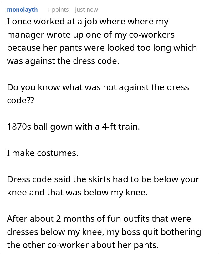 Employees maliciously comply with overly strict dress code by wearing 1870s ball gowns, prompting HR to cancel policy quickly. Employees maliciously comply with overly strict dress code by wearing 1870s ball gowns, prompting HR to cancel policy quickly.