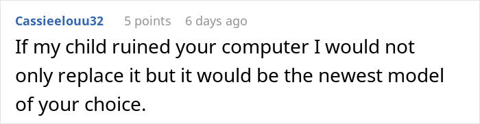 Screenshot of an online comment discussing replacing a babysitter&rsquo;s laptop after a kid pours water on it and damages it.