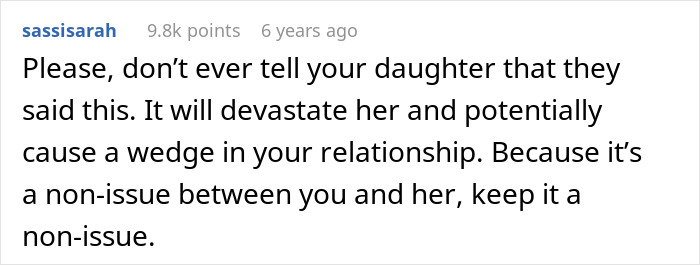 Comment emphasizing keeping the issue between father and 15-year-old daughter as a non-issue amid in-laws' accusations.