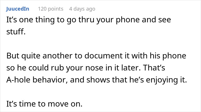 Comment discussing a man going through girlfriend&rsquo;s phone and the impact on their 7-year relationship.