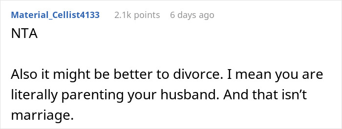 Comment from user advising divorce, stating husband is being parented, relating to man expecting wife to rescue him after missing flight.