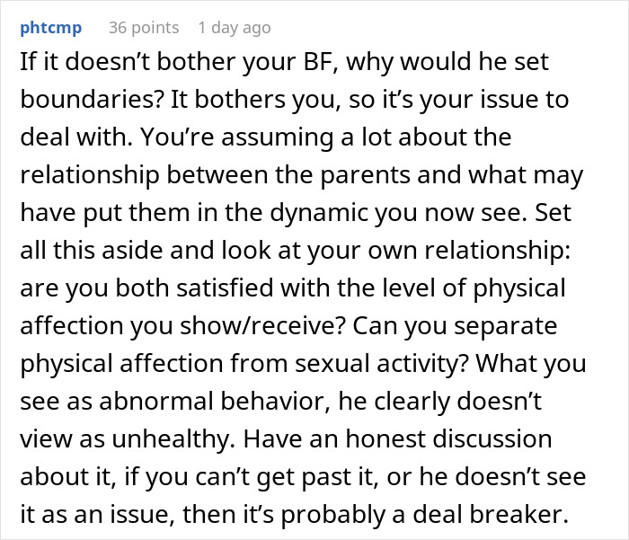 Comment discussing boundaries and physical affection issues in a woman&rsquo;s relationship with her boyfriend and his mom.