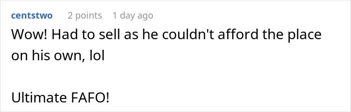 Screenshot of an online comment about a guy regretting telling his roommate to move out due to mortgage affordability issues.