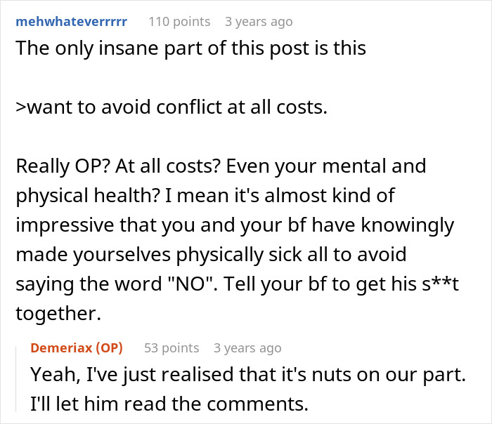 Screenshot of a Reddit discussion about avoiding conflict with a cheap MIL who feeds spoiled food to son and his girlfriend.