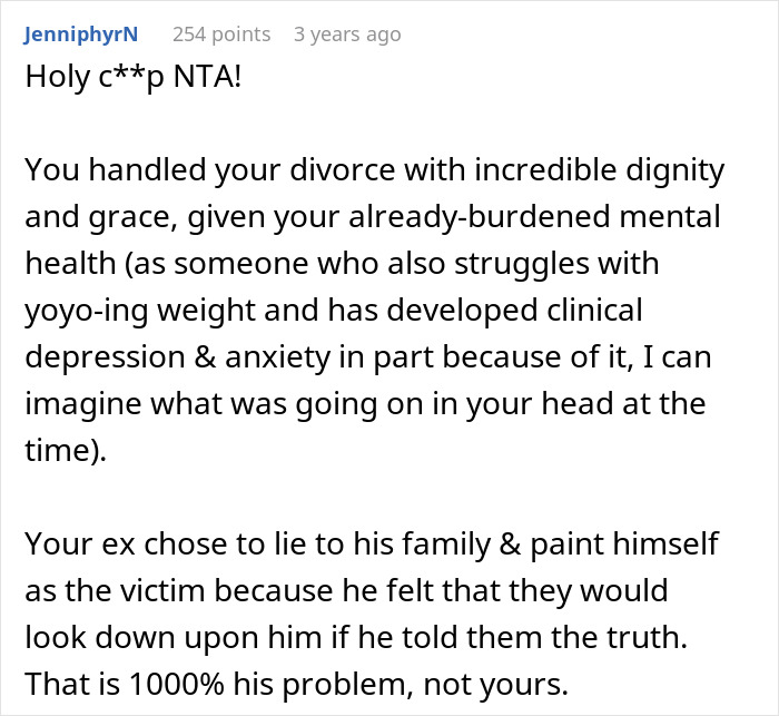 Comment praising a person for handling divorce with dignity amid struggles with weight, depression, and anxiety.