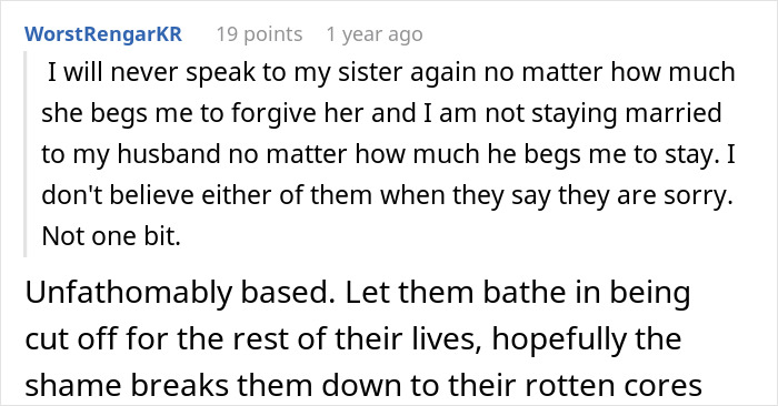 Text of a woman expressing refusal to forgive sister or stay married after husband's betrayal, highlighting marriage trust issues.