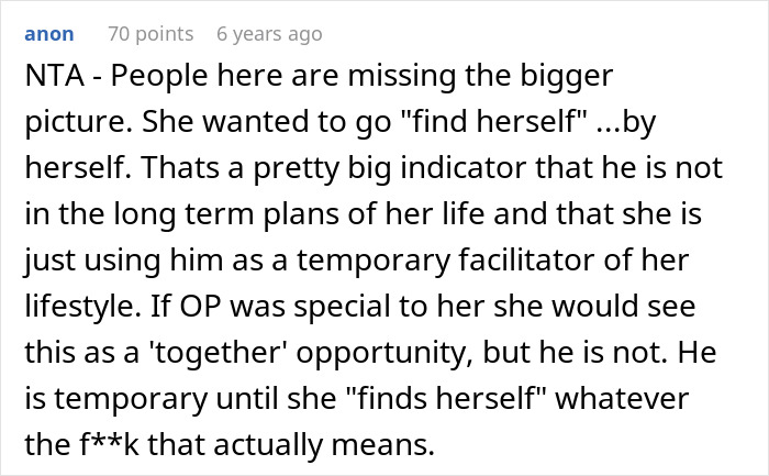 Comment discussing a woman planning a solo trip alone and its impact on her partner and relationship. Comment discussing a woman planning a solo trip alone and its impact on her partner and relationship.