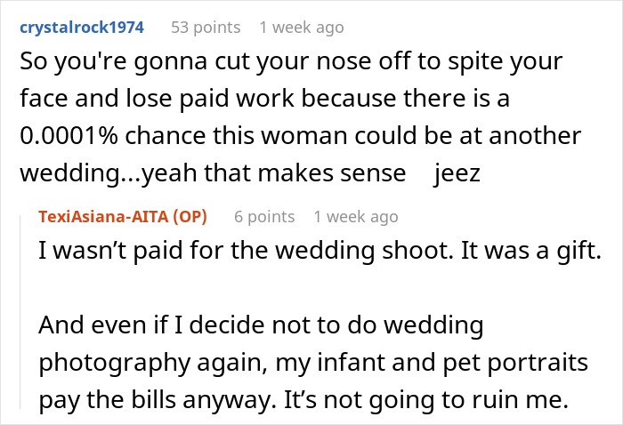 Comment discussing consequences of a school project crashing wedding with bride&rsquo;s sister confronting photographer at university event.