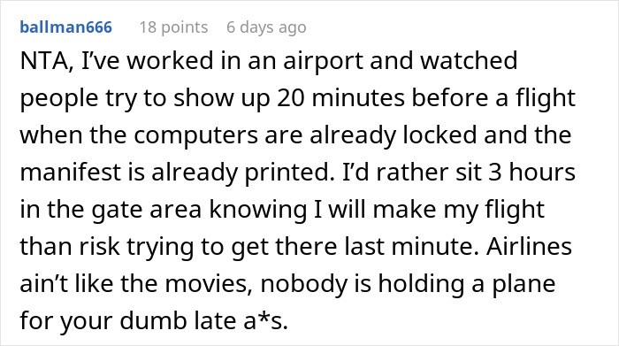 Comment about man expecting wife to rescue him after missing flight, sharing airport work experience and true airline policies.