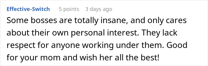 Comment highlighting a boss's meltdown after employee quits, showing respect and support for the mom’s old boss situation. Comment highlighting a boss's meltdown after employee quits, showing respect and support for the mom’s old boss situation.