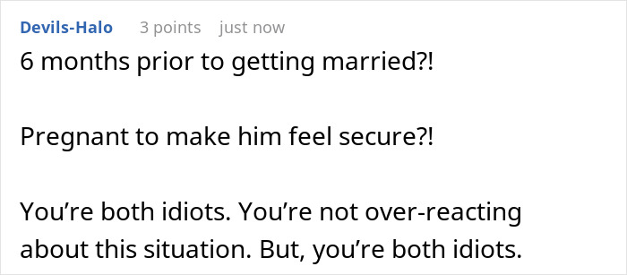 Screenshot of an online comment criticizing a husband posing as pregnant wife for a loyalty test message to her ex.