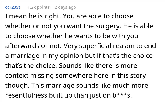 Comment discussing a husband giving a wife an ultimatum over plastic surgery and marriage choices.