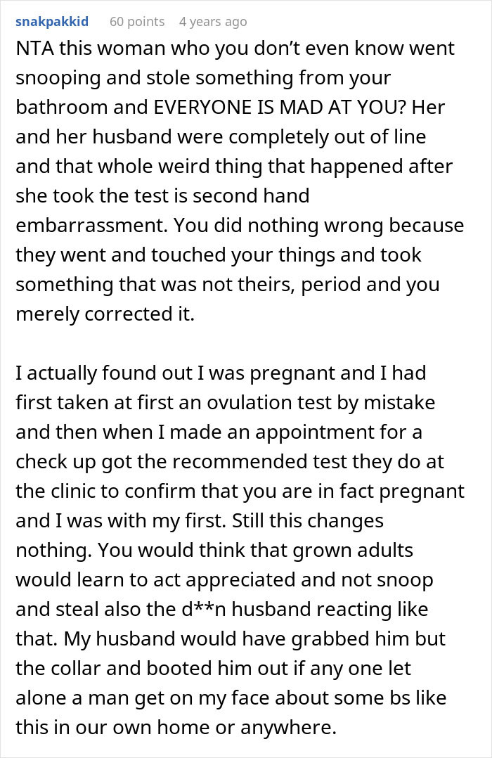 Screenshot of a detailed Reddit comment discussing a woman’s dramatic pregnancy reveal and a mistaken test causing humiliation. Screenshot of a detailed Reddit comment discussing a woman’s dramatic pregnancy reveal and a mistaken test causing humiliation.