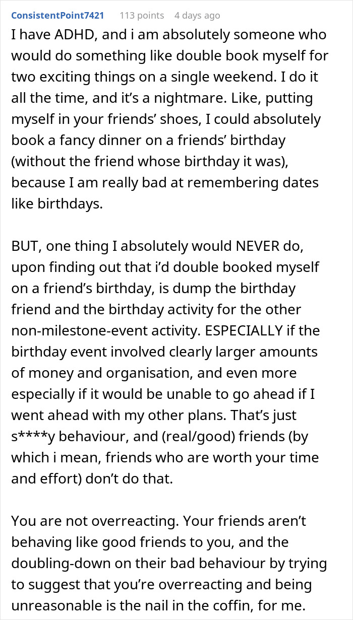 Comment discussing how a friend group plans a weekend getaway but cancels on the birthday girl to go to dinner without her.