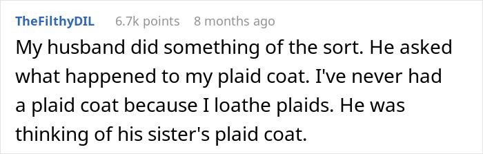 Text post from TheFilthyDIL sharing a story about a husband confusing his wife's plaid coat with his sister&rsquo;s.