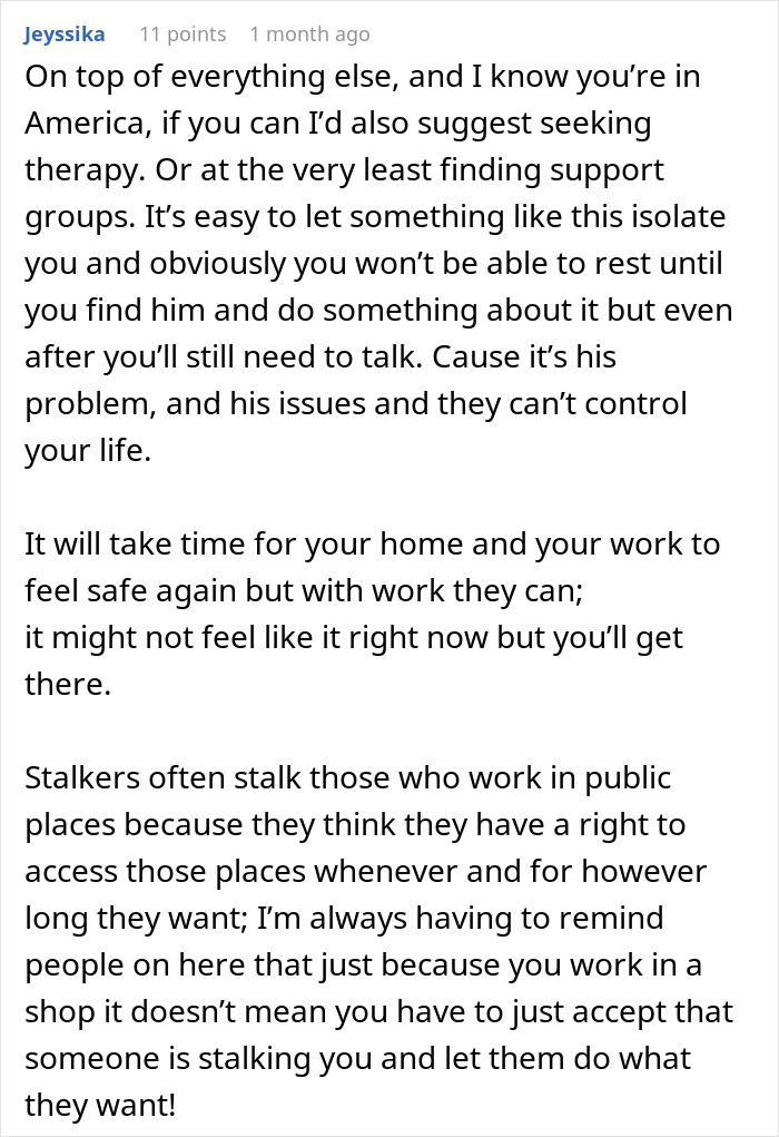 Text post with advice about coping with stalker customer who found home and rang doorbell, emphasizing support and safety.