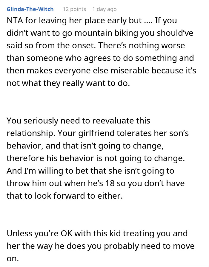 Comment discussing relationship issues and challenges related to mountain biking and a son&rsquo;s meltdown early in the morning.