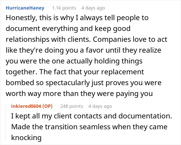 Screenshot of a forum discussion about an employee who kept client contacts after being laid off, leading to client poaching.
