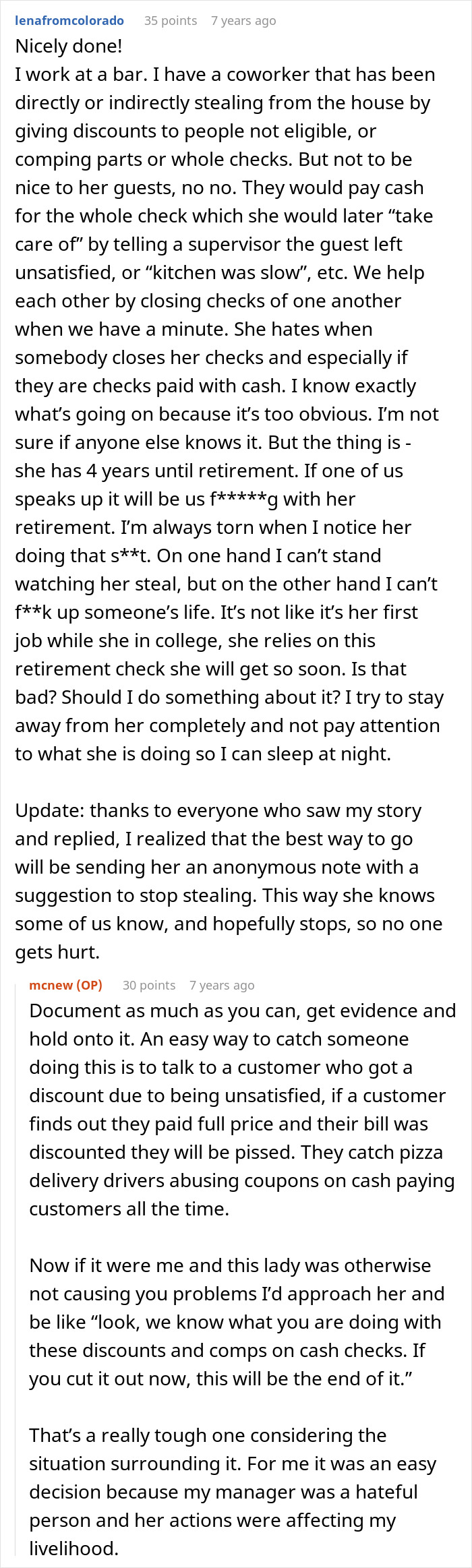 Text conversation discussing an employee uncovering a pet store manager defrauding the store through discounts and a paper trail.