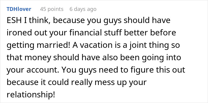 Comment discussing financial issues between husband and wife affecting honeymoon plans due to no money for tickets.