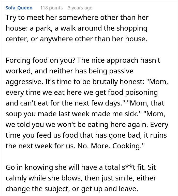 Text comment with advice on dealing with a cheap MIL feeding spoiled food and bullying son and his girlfriend into eating it.