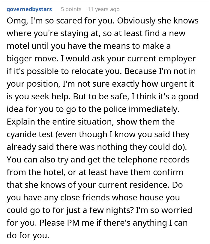 Comment expressing concern and urging immediate police involvement in a mother-poisoned-me situation for safety.