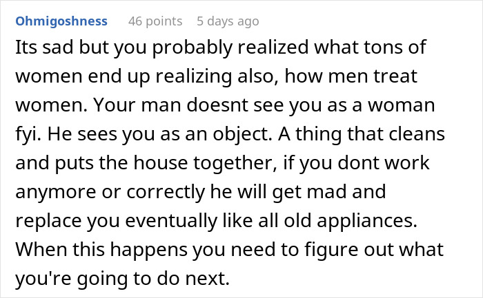 Comment text discussing how men treat women differently, highlighting a man stepping over his passed out wife and going to bed.