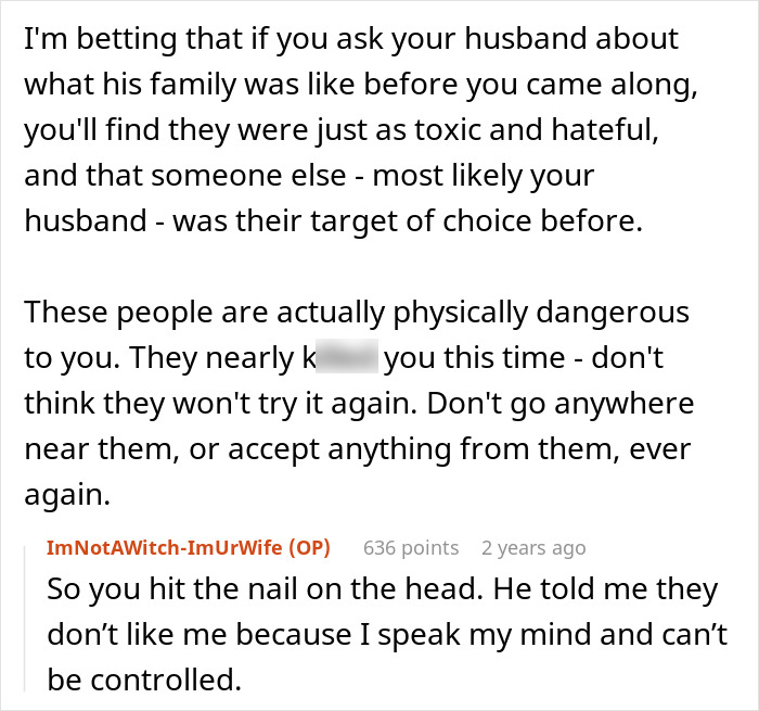 Text conversation about a woman warning of toxic family members after an anaphylactic shock caused by a brother-in-law.