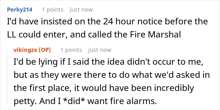 Comments discussing landlord malicious compliance involving 24 hour notice and fire alarm installation requests.