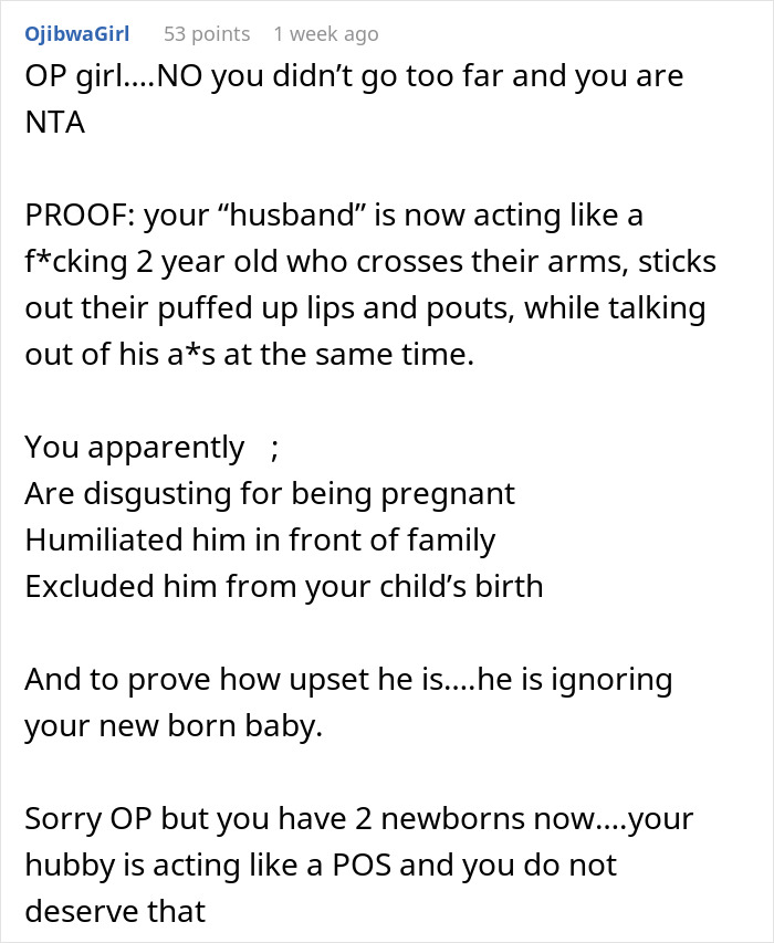 Reddit comment describing husband calling pregnant wife disgusting and then ignoring baby after being called out.