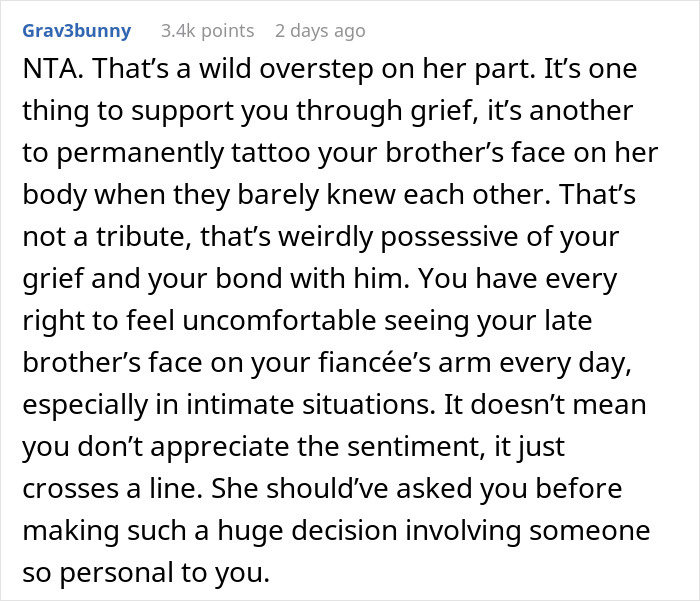 Text conversation screenshot discussing a man breaking up with fiancée over tattoo of his late brother’s face. Text conversation screenshot discussing a man breaking up with fiancée over tattoo of his late brother’s face.