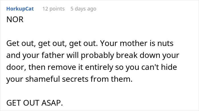 Screenshot of an online comment discussing daughter reaction after mom steals underwear accusing her of hiding immoral things.