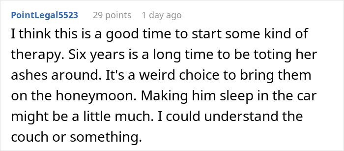 Comment discussing therapy and the wife angry at husband for bringing ex ashes on honeymoon trip. Comment discussing therapy and the wife angry at husband for bringing ex ashes on honeymoon trip.