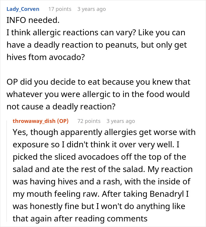 Screenshot of a Reddit conversation discussing a teen’s allergic reaction at a friend’s house and food allergy risks. Screenshot of a Reddit conversation discussing a teen’s allergic reaction at a friend’s house and food allergy risks.