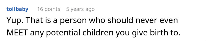 Screenshot of a comment stating a person should never meet potential children due to ignoring severe allergy risks.