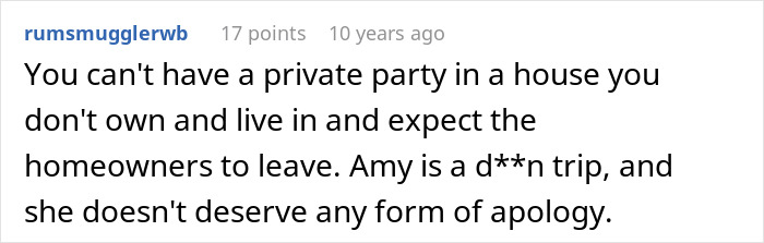 Comment discussing a woman accusing homeowners of ruining her party because they didn&rsquo;t leave the house.
