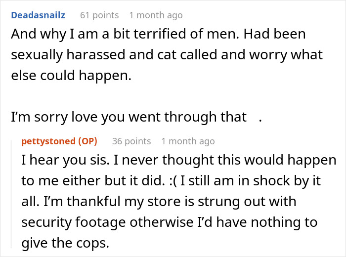 Comments discussing fear and shock after a stalker customer found home and rang the doorbell, mentioning security footage.