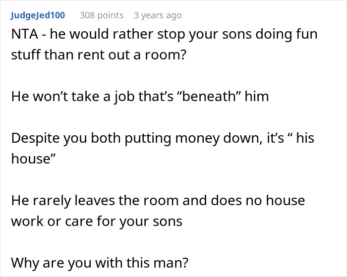 Screenshot of a Reddit comment discussing a husband refusing to work or help, relating to woman renting out man cave.