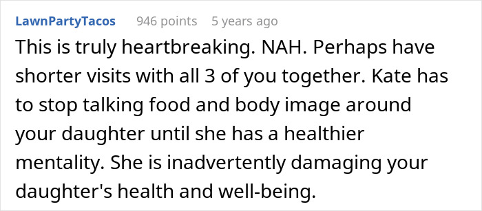 Screenshot of a social media comment addressing the impact of ex&rsquo;s eating disorder comments on a little girl&rsquo;s mental health.