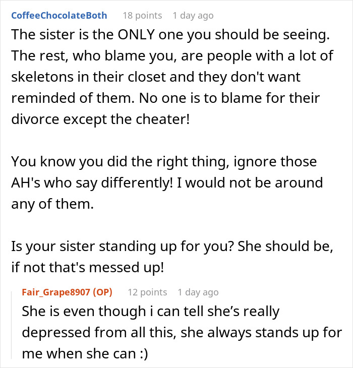 Comment thread discussing a woman exposing her cheating brother-in-law, leading to divorce and family support.